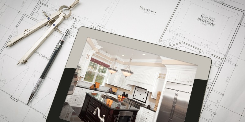 Tablet with 3d of Kitchen plan on top of paper illustration