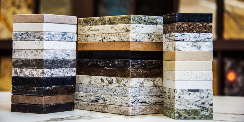 Stack of countertop choices; granite, marble and quartz -