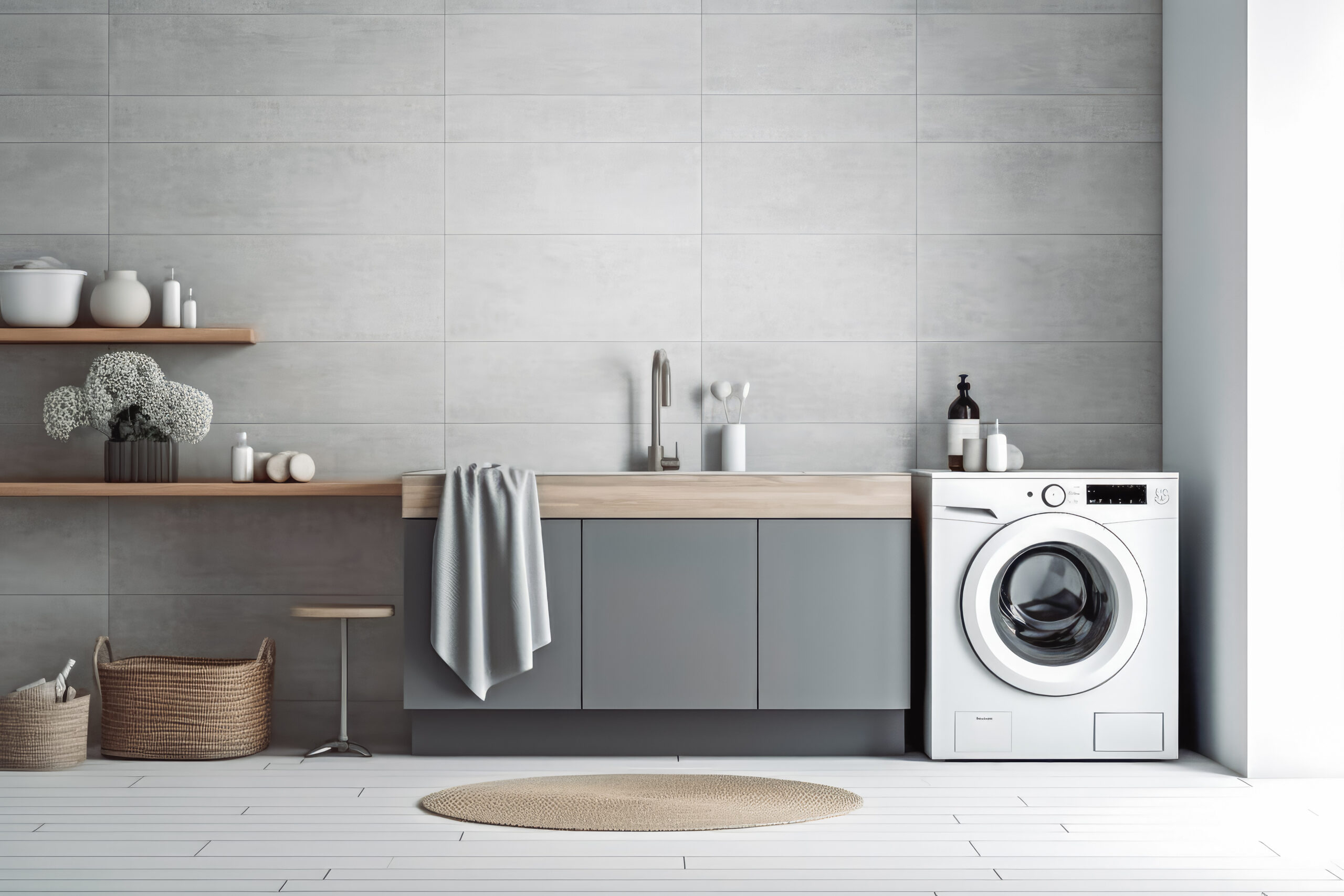 Grey laundry room sink washing machine. Minimalistic design interior of modern house. Generative AI