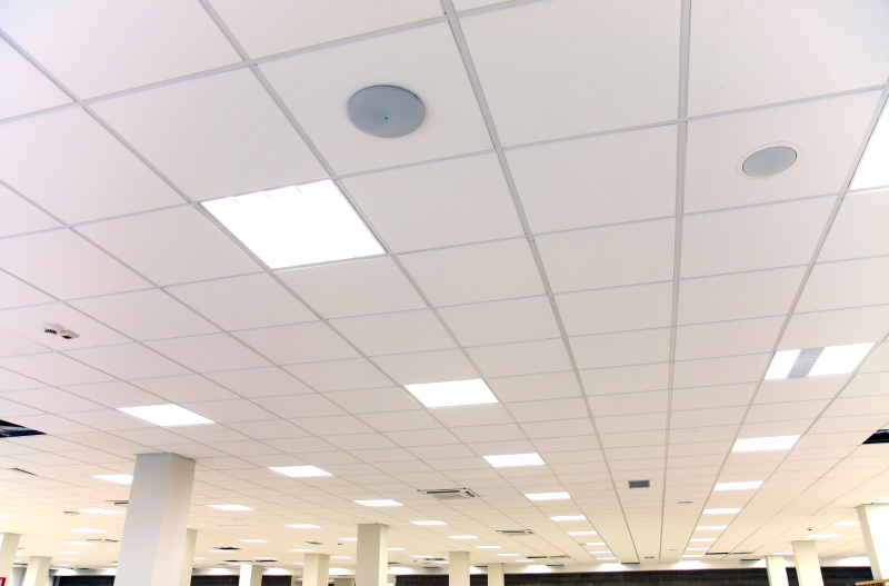 Acoustic tile ceiling with a clean grid design and integrated lighting, helping reduce noise while keeping the space bright and functional.