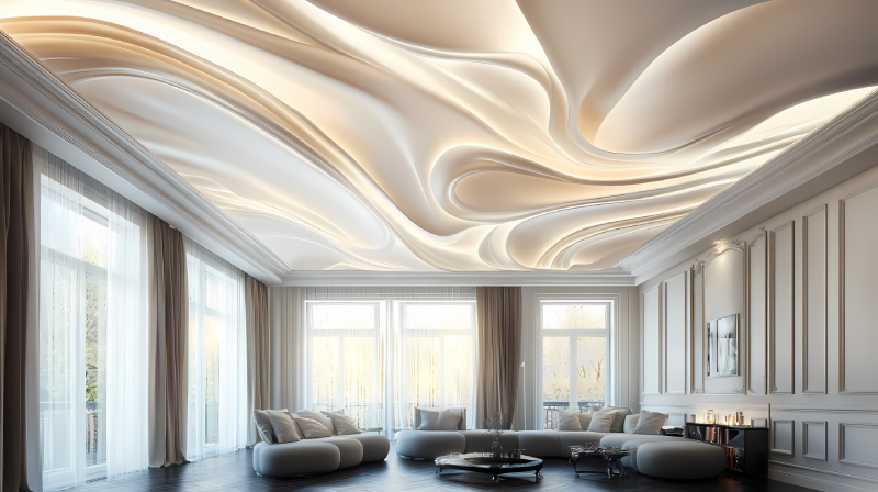 Stretch ceiling design with flowing curves and soft lighting, improving brightness in a modern living room with large windows and light décor.