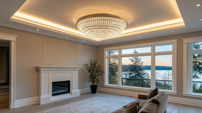 Bright living room with large windows, tray ceiling, and recessed lighting, helping the space feel open.
